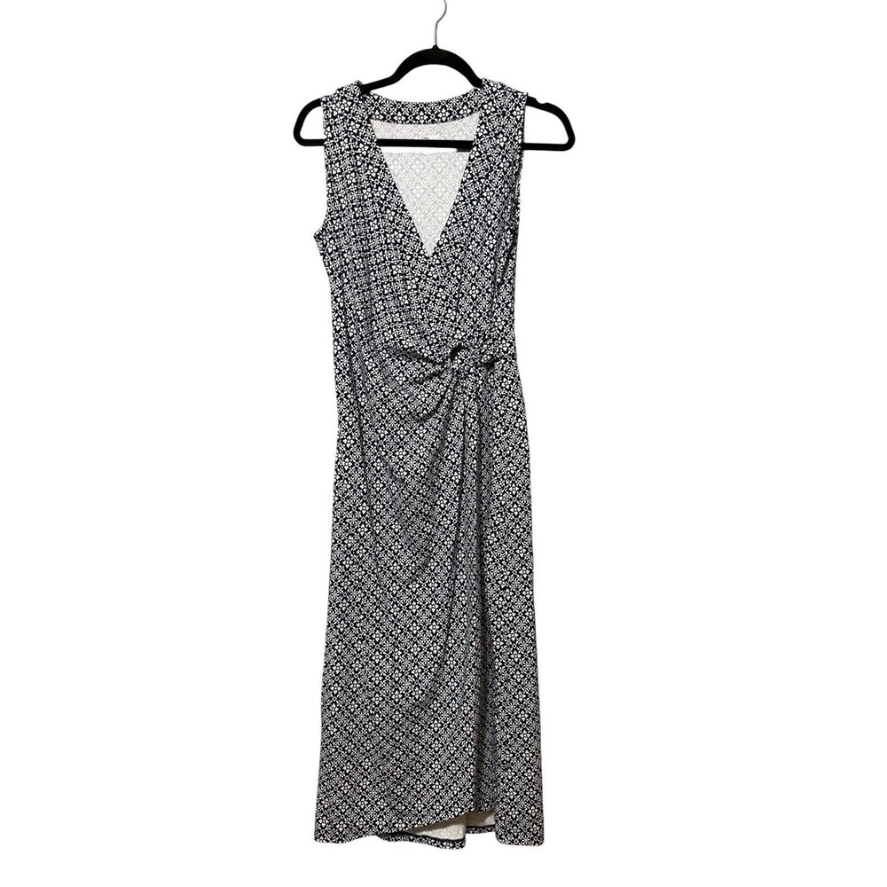 Lands’ End Small Navy White Print Sleeveless Maxi Dress Knot Waist